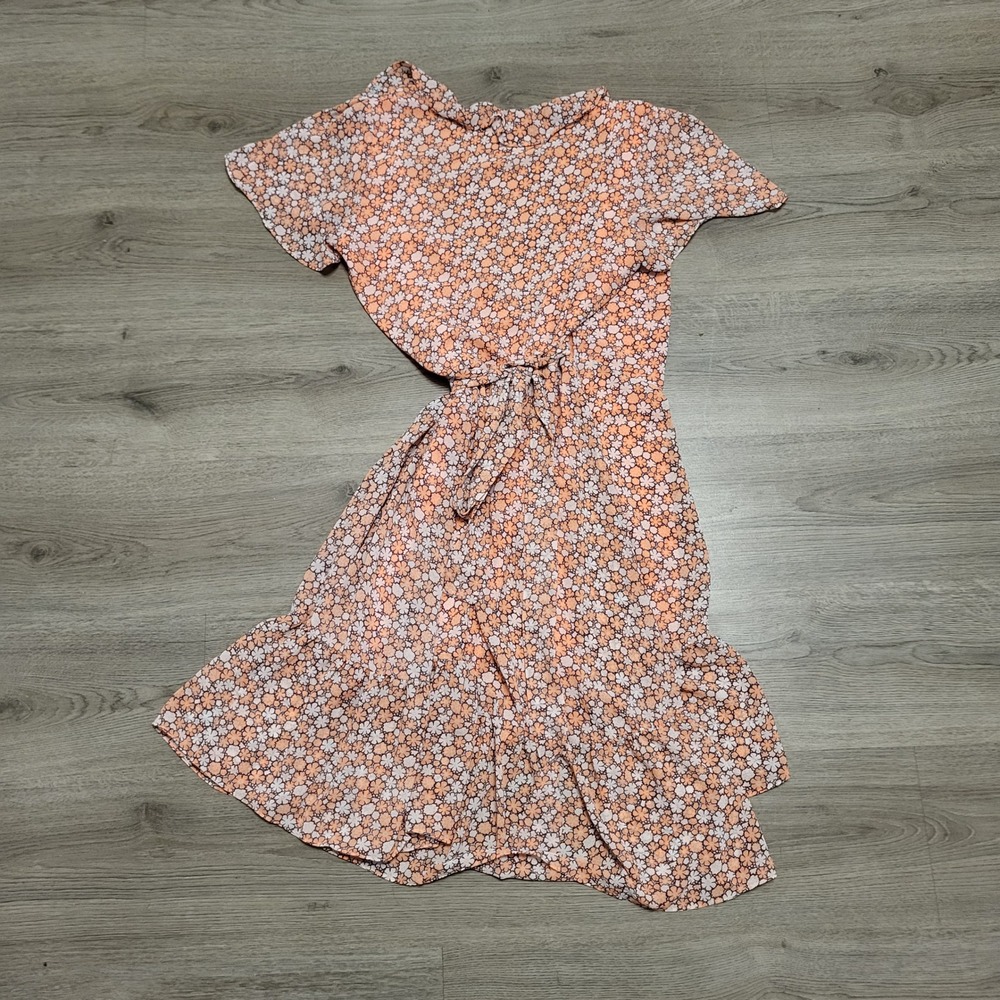 Michael Kors Coral Floral Ruffle Wrap Midi Dress Womens Summer Large High Low - Picture 5 of 7